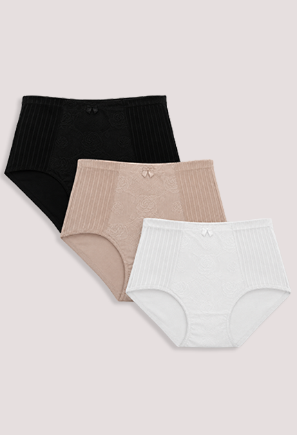 Three pairs of women's high-waisted underwear in black, beige, and white on a light pink background.