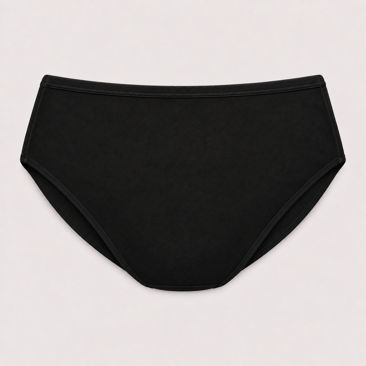 Black high-waisted bikini briefs shown flat against a light gray background. 1. Black women's full-coverage bikini briefs flat lay