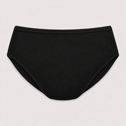 Black high-waisted bikini briefs shown flat against a light gray background. 1. Black women's full-coverage bikini briefs flat lay