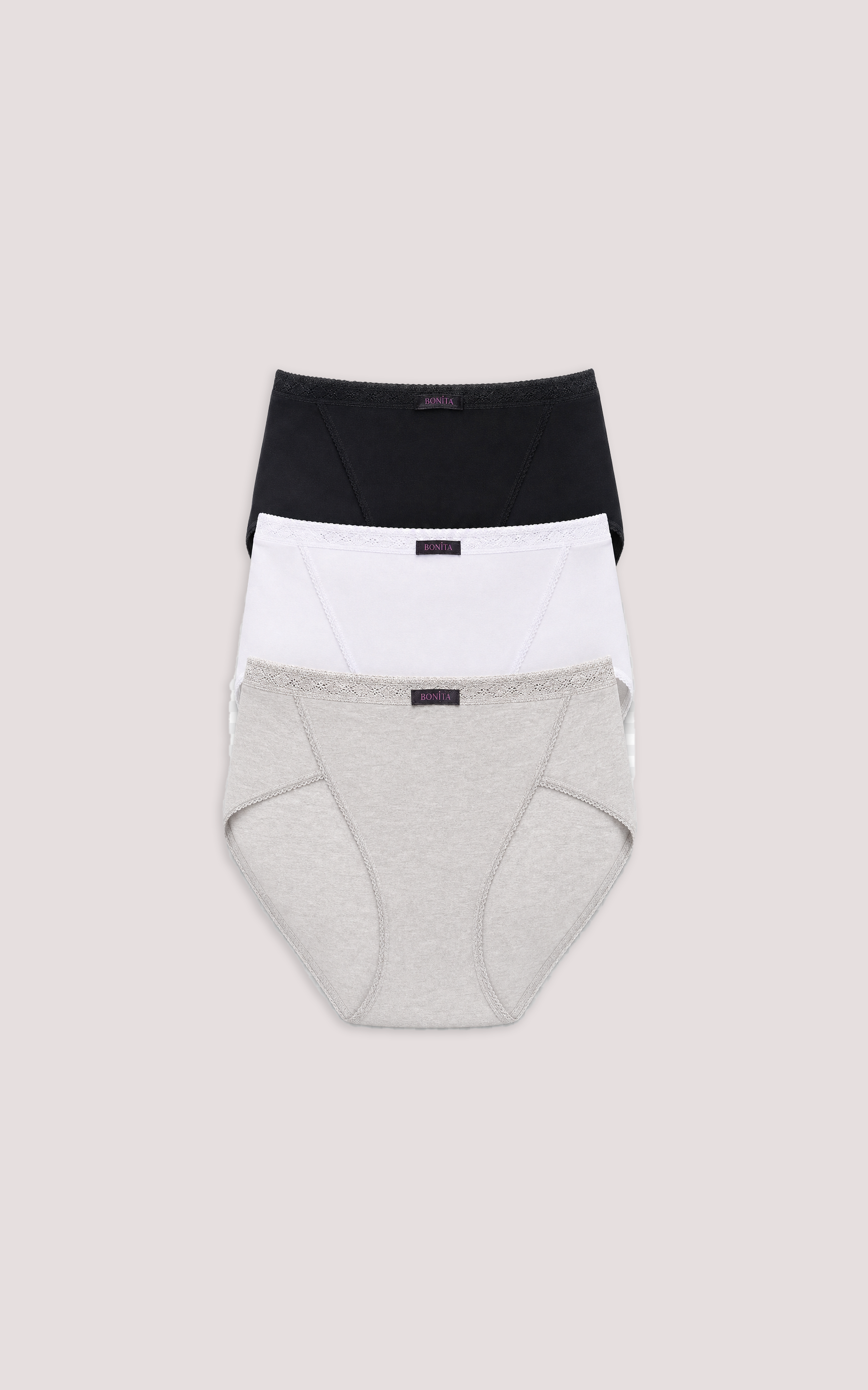 Three pairs of women's underwear in black, white, and gray on a beige background, High Cut Bikini
White, Black, Natural
Pack of 3