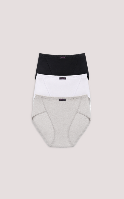 Three pairs of women's underwear in black, white, and gray on a beige background, High Cut Bikini
White, Black, Natural
Pack of 3