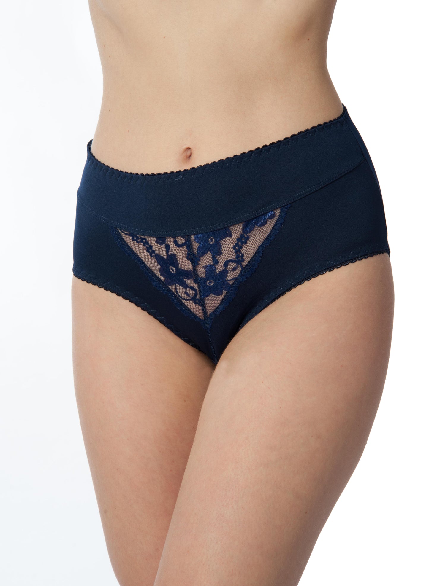 Navy blue lace-trimmed underwear on a white background