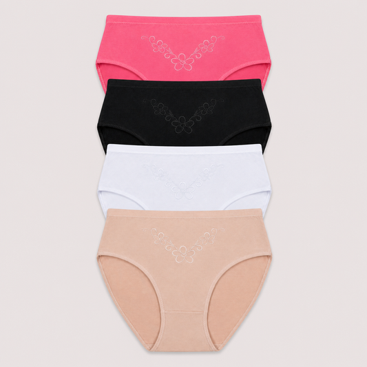 Four pairs of women's high-waisted briefs stacked vertically on a light beige background. From top to bottom, the colors are bright pink, black, white, and nude beige.