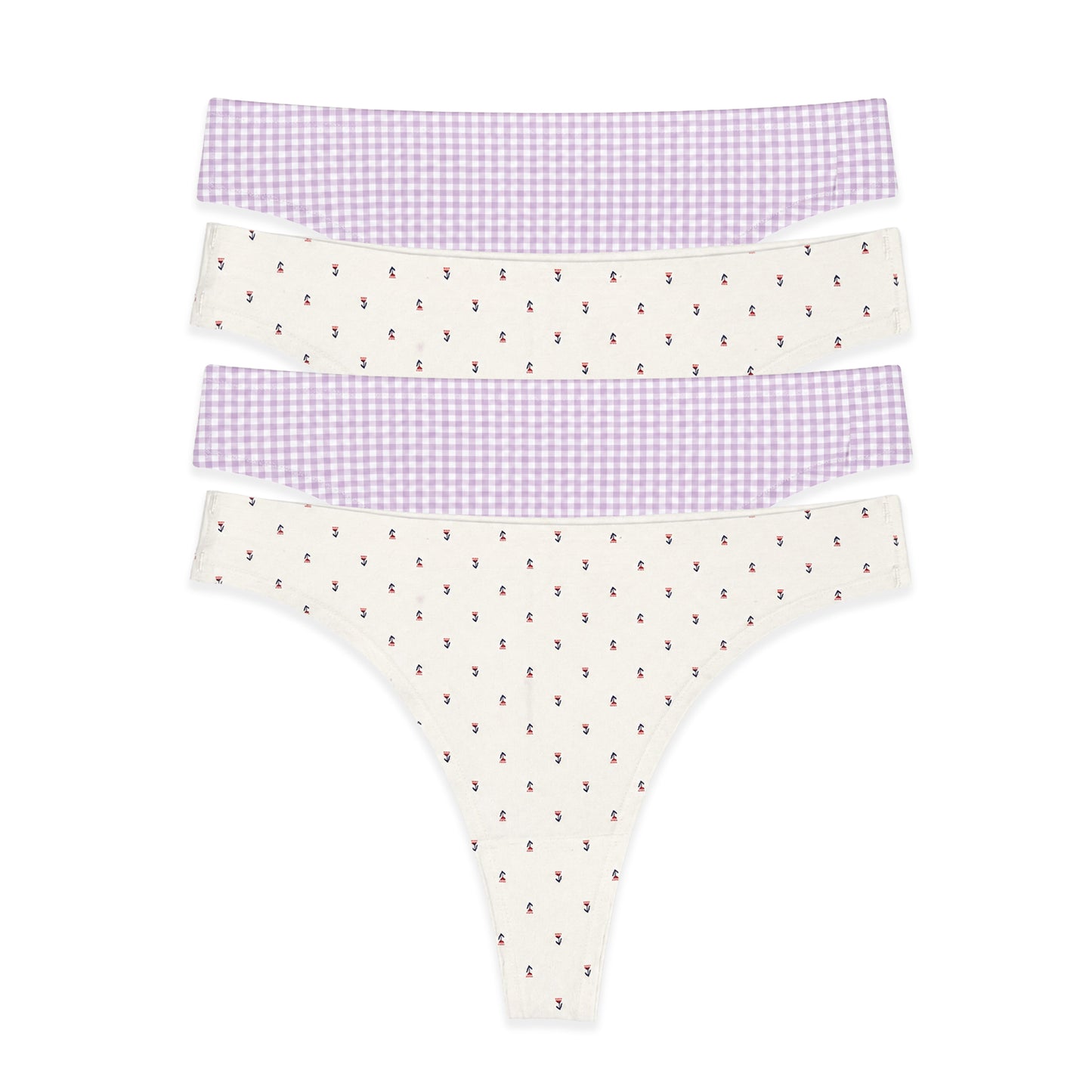 Cotton Spandex Thong 4 Pack | Floral and Lilac Checkered