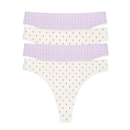 Cotton Spandex Thong 4 Pack | Floral and Lilac Checkered