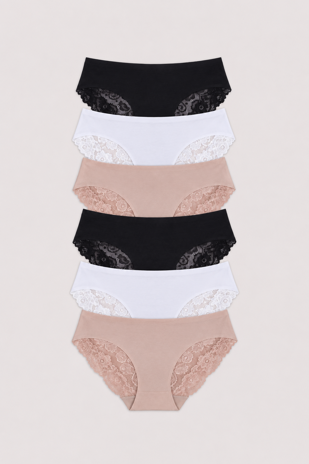 A set of five women's high-waisted briefs stacked vertically, featuring alternating solid black and soft nude beige styles with lace trim at the waistband and leg openings, displayed on a light beige background.