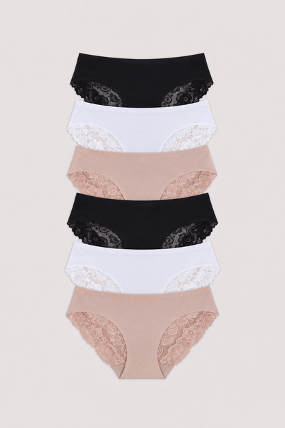 A set of five women's high-waisted briefs stacked vertically, featuring alternating solid black and soft nude beige styles with lace trim at the waistband and leg openings, displayed on a light beige background.