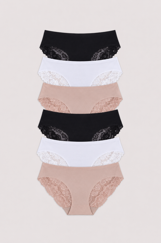 A set of five women's high-waisted briefs stacked vertically, featuring alternating solid black and soft nude beige styles with lace trim at the waistband and leg openings, displayed on a light beige background.