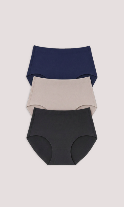 Three pairs of women's underwear in navy, beige, and black on a light gray background.