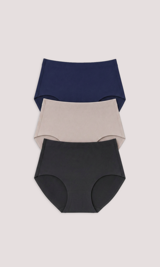 Three pairs of women's underwear in navy, beige, and black on a light gray background.