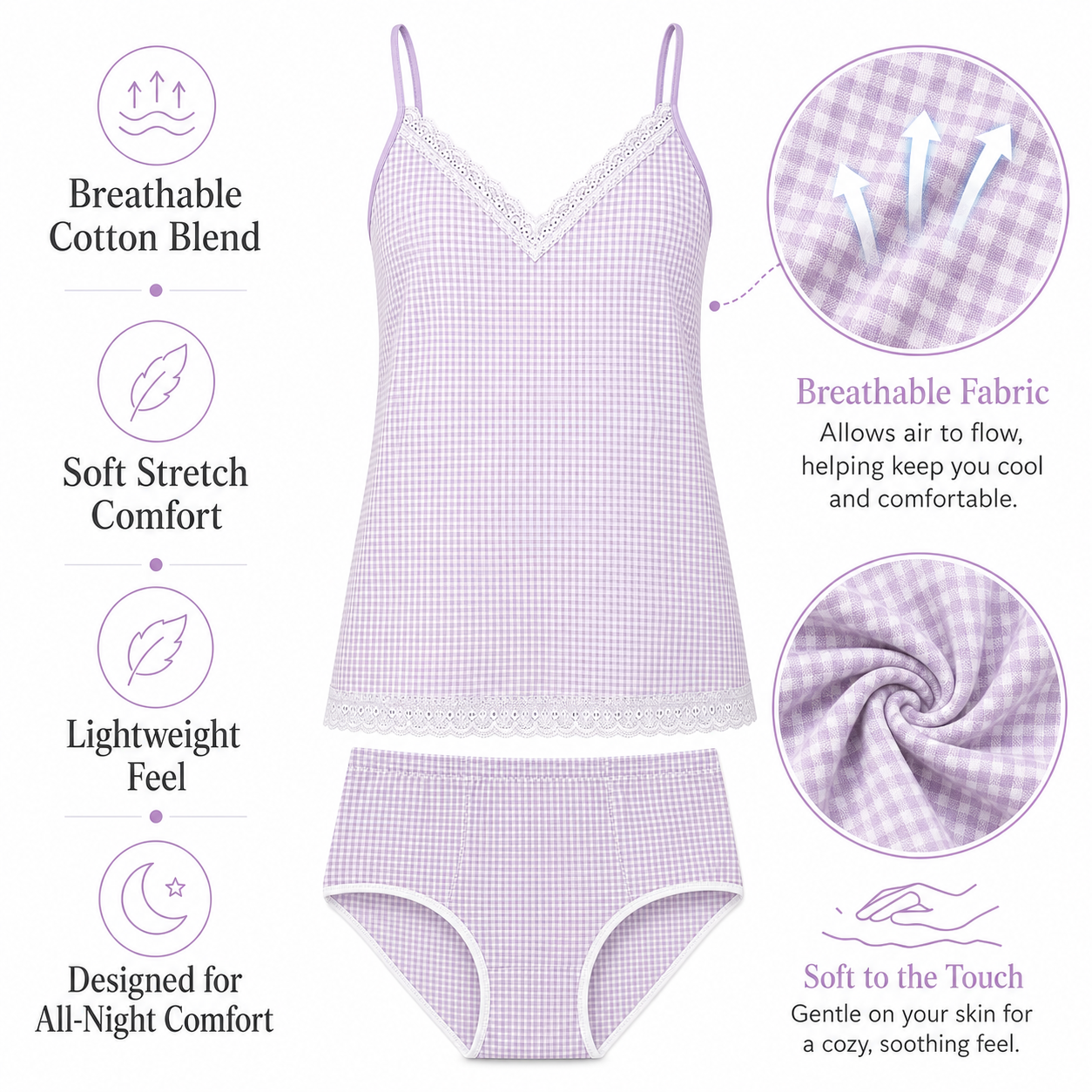 A lavender and white gingham two-piece pajama set with a camisole top and matching underwear, shown on a white background with feature callouts and fabric close-ups. Joseph Rufina women’s cotton camisole and high waisted brief matching set