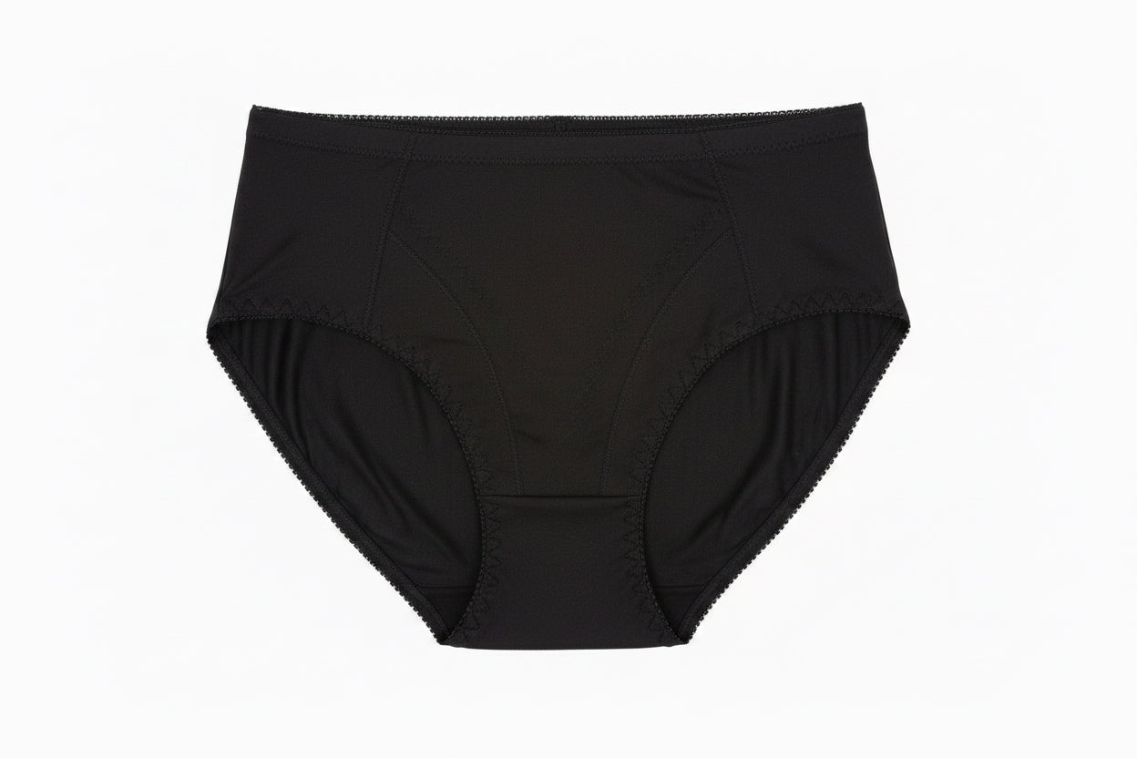 A pair of solid red high-waisted briefs shown flat against a plain white background.