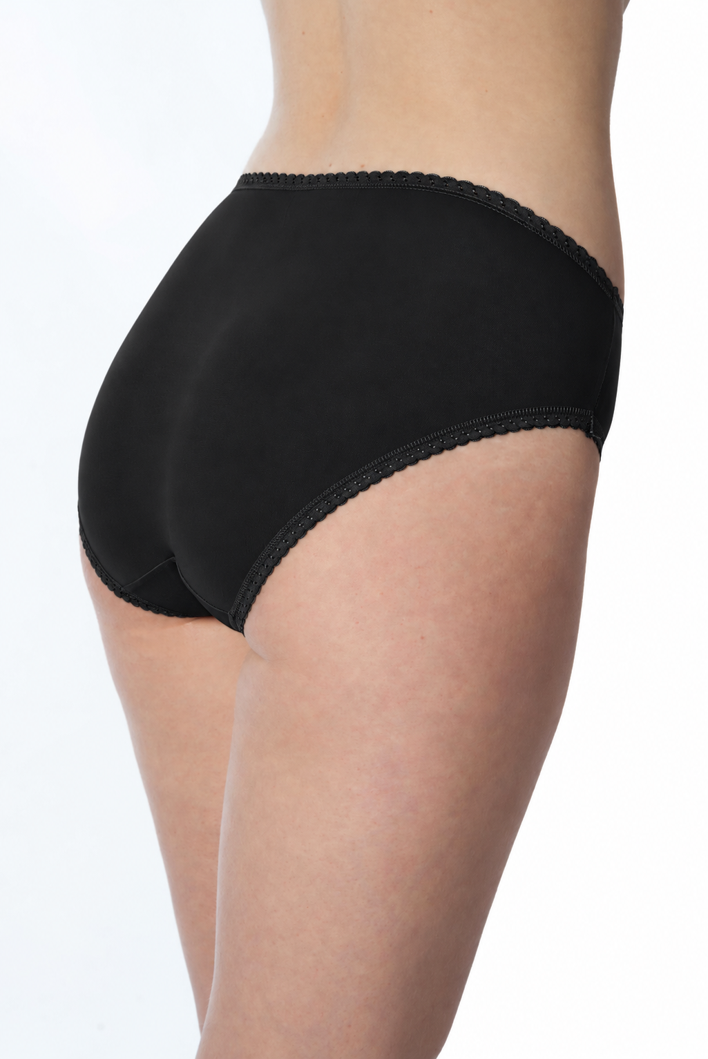 Rear view of a model wearing black high-waisted briefs with a scalloped waistband and leg openings, shown against a plain white background.