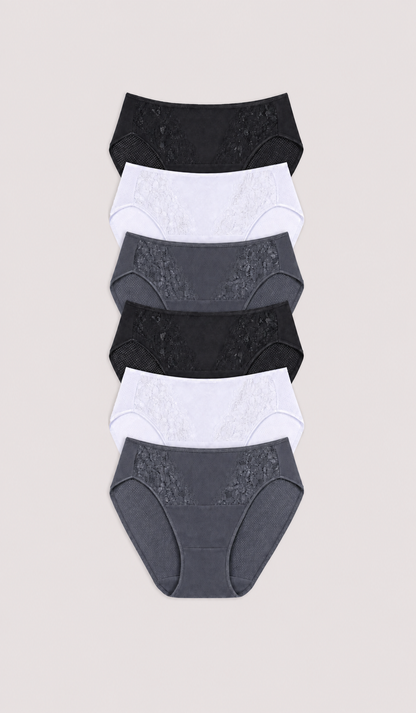 Women’s microfiber lace bikini briefs, six-pack