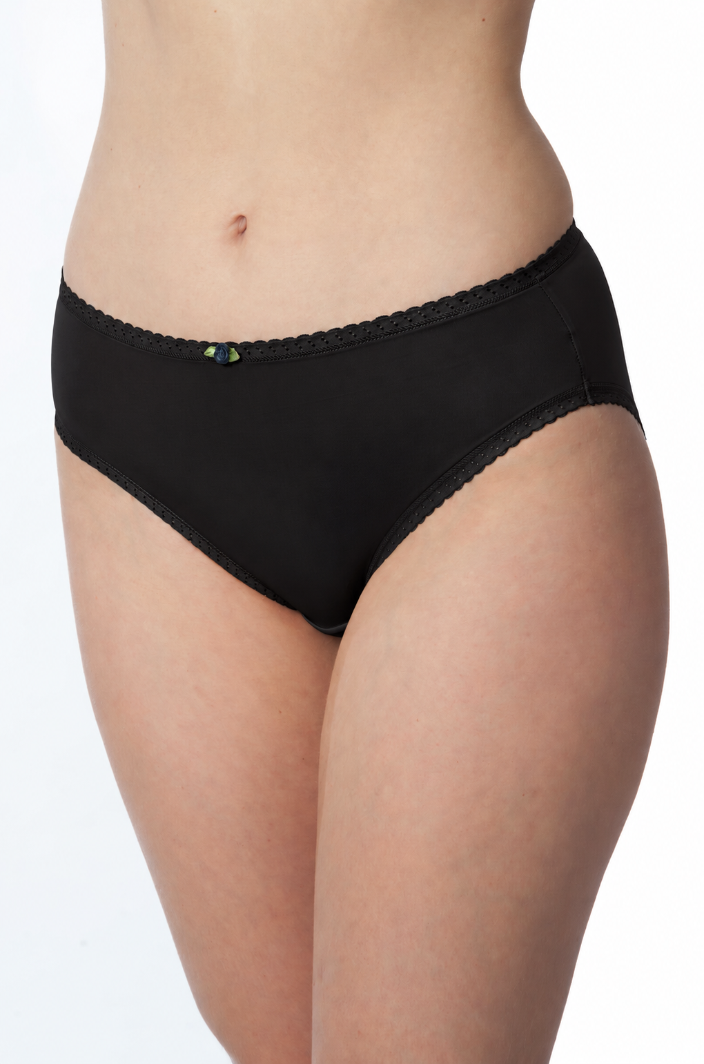 Black lace-trimmed underwear worn by a model, shown from the waist to upper thighs against a plain white background.