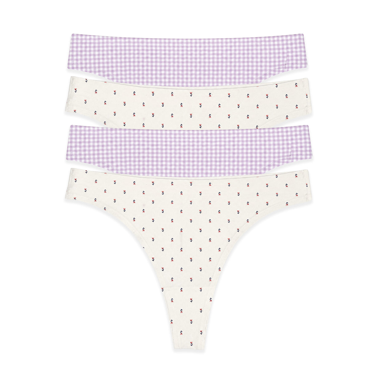 Three pairs of women's thong underwear laid flat on a white background. The top and middle pairs have light purple gingham patterns, while the bottom pair is cream with a small repeating dark motif.