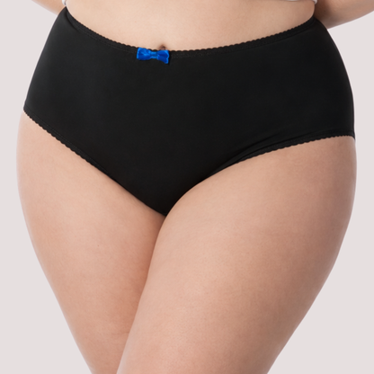 Black high-waisted briefs with a small blue bow accent at the center front, shown on a model against a light gray background.