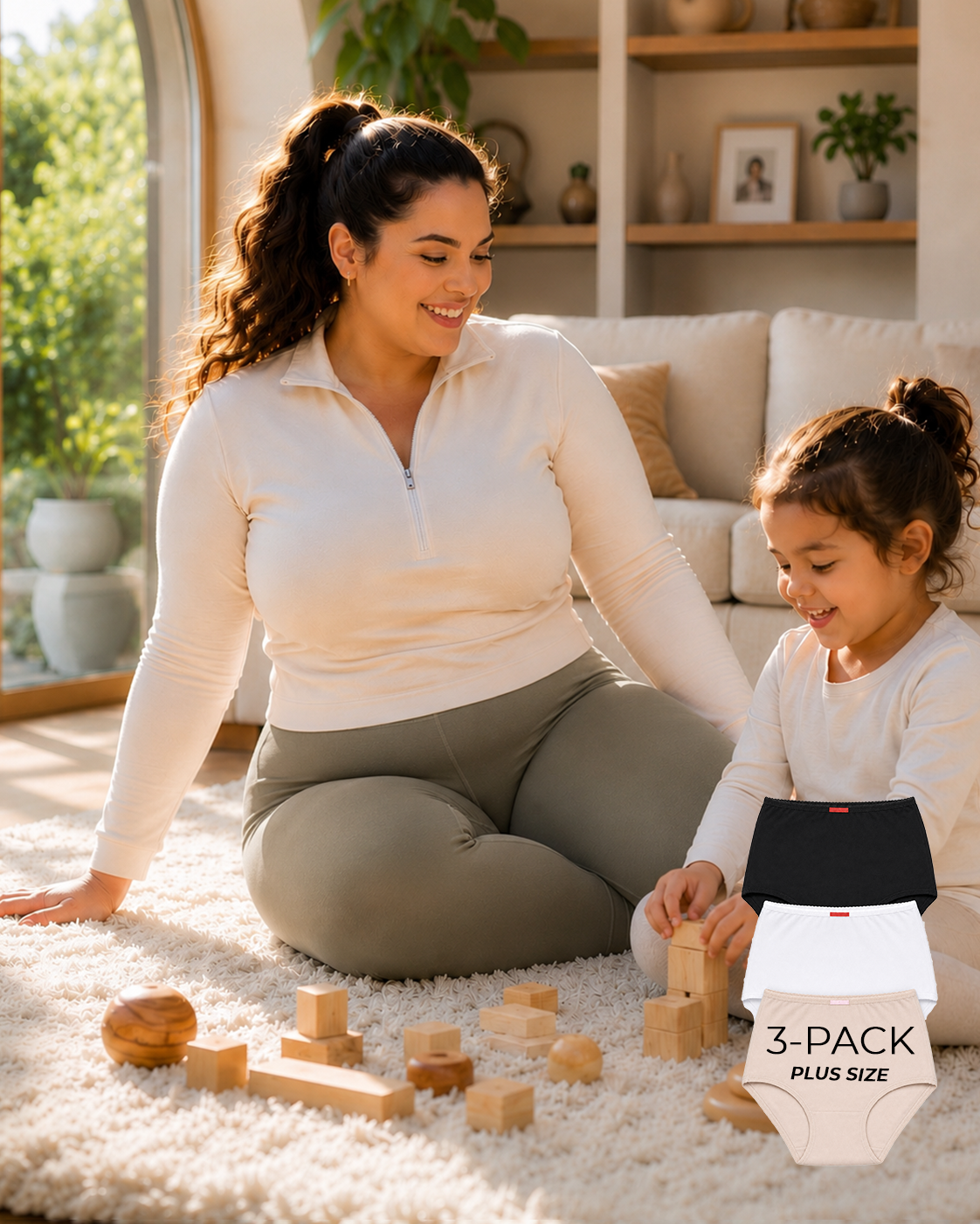 Woman and child playing with wooden blocks on a carpeted floor, with a product package labeled '3-Pack Plus Size' in the foreground.