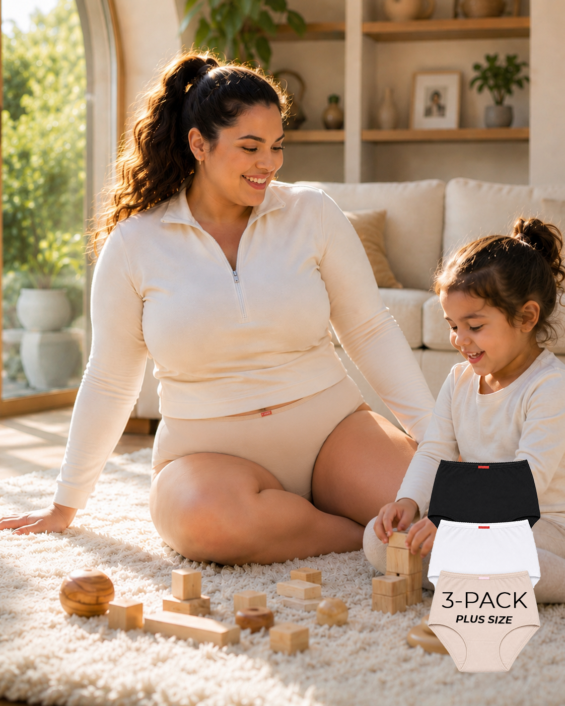 Woman and child playing with wooden blocks on a carpeted floor, with a 3-pack plus size underwear sign in the foreground.