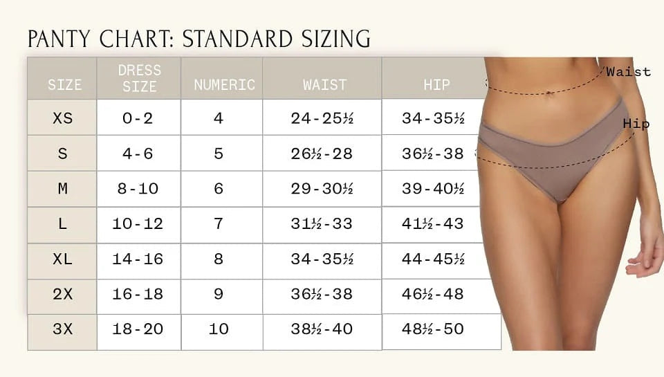 Panty chart with standard and combined sizing for women's underwear.