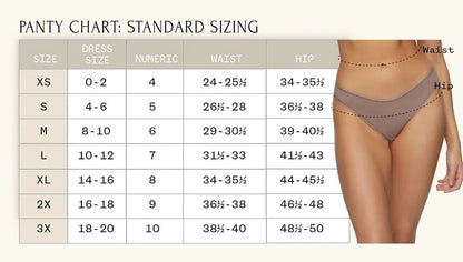 Panty chart with standard and combined sizing for women's underwear.