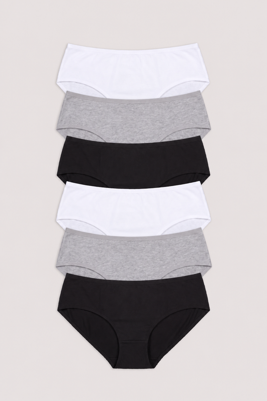 A stack of five women's briefs in alternating solid white and heather gray colors, arranged vertically on a light beige background.