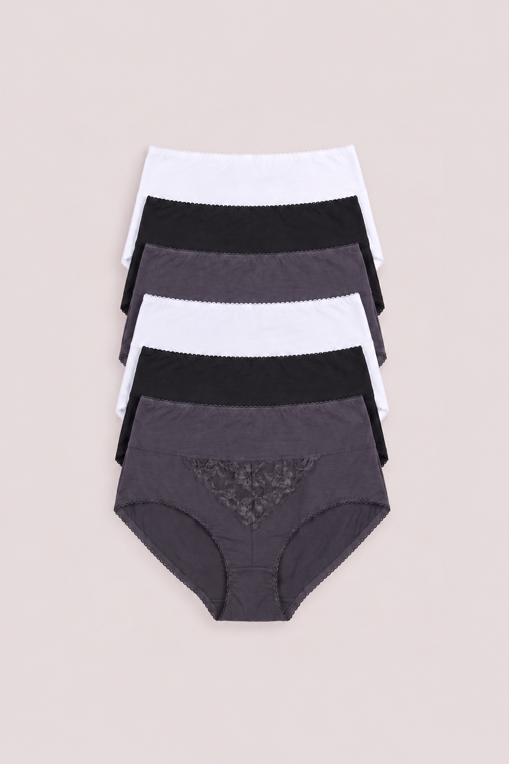 A 4-pack of women's high-waisted briefs in white, black, and two shades of gray, arranged in a stacked fan layout on a light beige background.