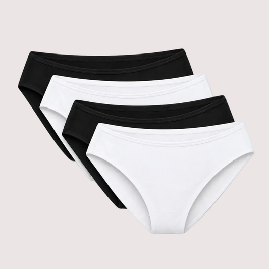 Three pairs of women's bikini-style underwear stacked diagonally on a light cream background. The front pair is white, the middle pair is black, and the back pair is white.
