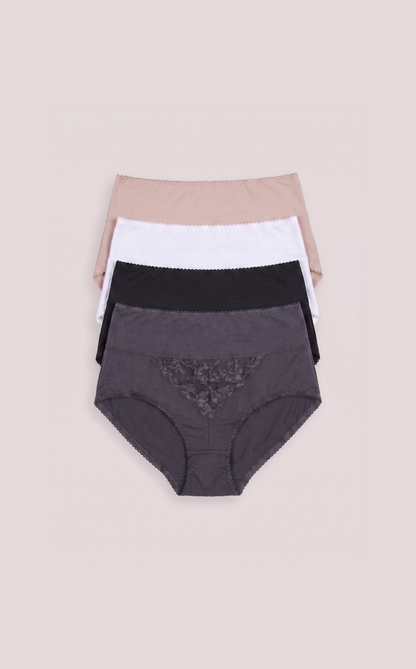 Three pairs of women's underwear in black, white, and beige on a beige background