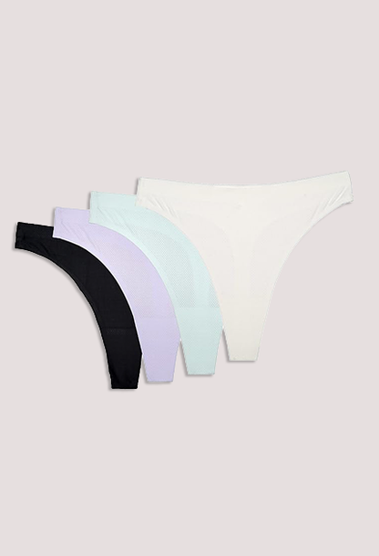 Four pairs of underwear in black, white, and pastel colors on a light gray background
