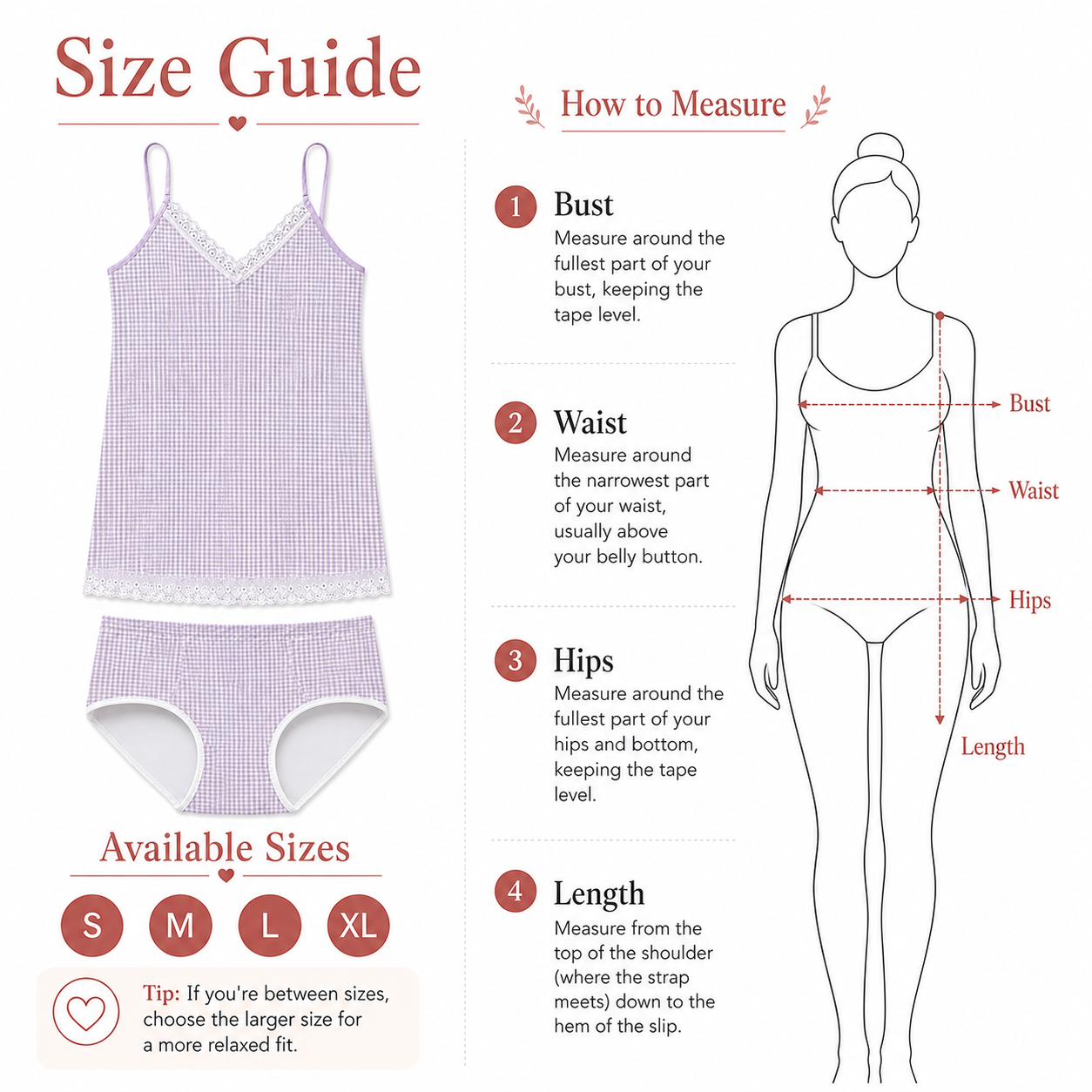 A size guide infographic for a children's camisole and panty set. The left side shows a lavender and white gingham check pattern with white lace trim on a camisole and matching panties, alongside available sizes S through XL and a tip for choosing a larger relaxed size.