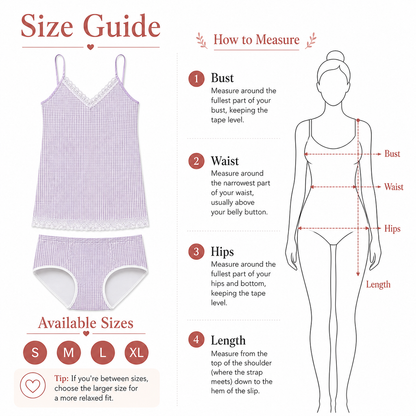A size guide infographic for a children's camisole and panty set. The left side shows a lavender and white gingham check pattern with white lace trim on a camisole and matching panties, alongside available sizes S through XL and a tip for choosing a larger relaxed size.