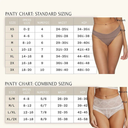 Panty chart with standard and combined sizing for women's underwear.