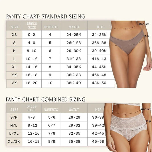 Panty chart with standard and combined sizing for women's underwear.