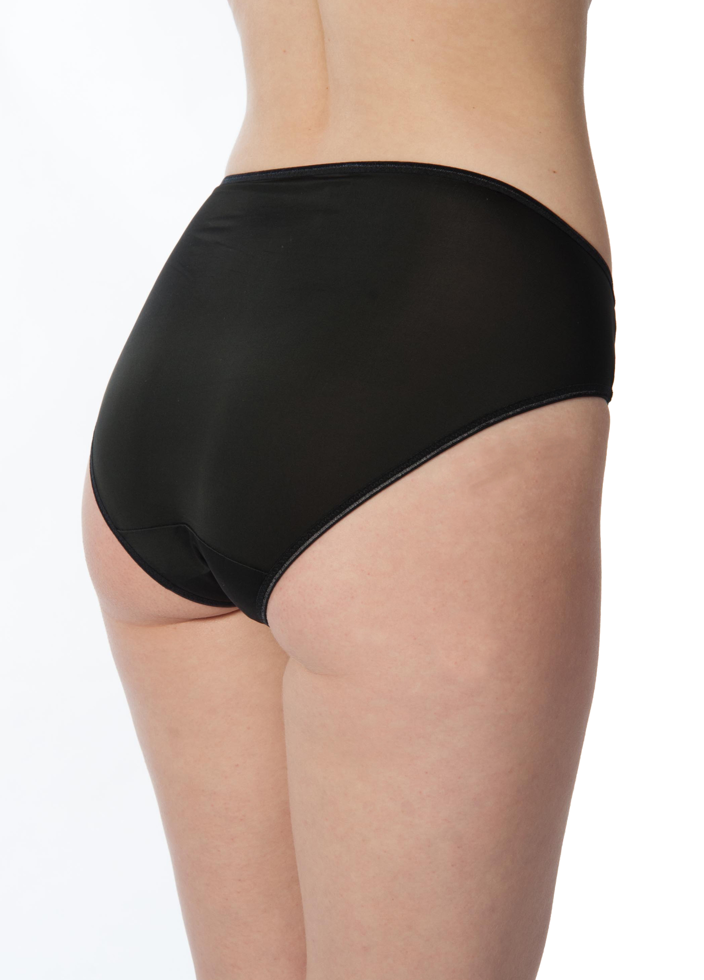 Black high-waisted bikini bottom on a white background