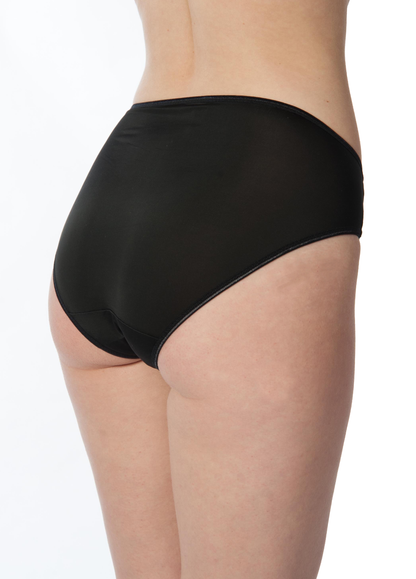 Black high-waisted bikini bottom on a white background
