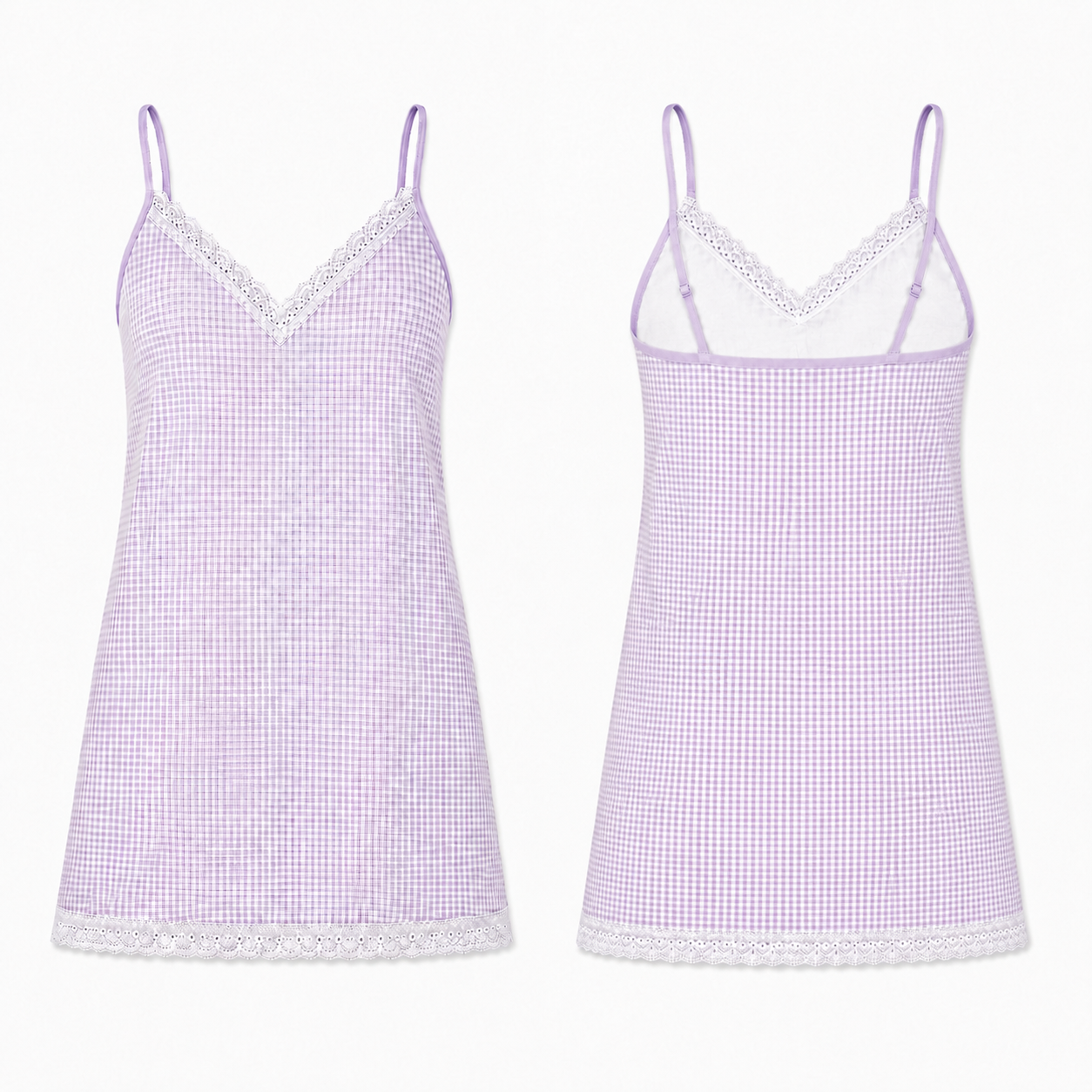 A lavender and white gingham slip dress with white lace trim at the V-neckline and hem, shown from both the front and back views on a plain white background.