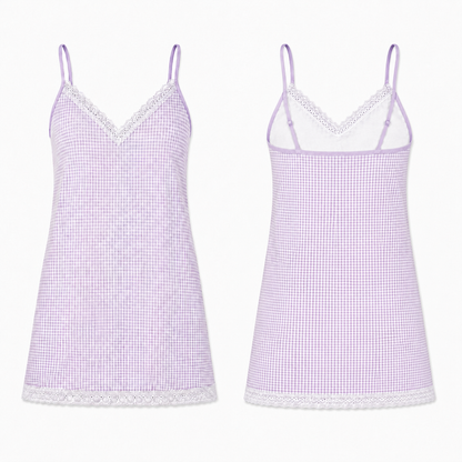 A lavender and white gingham slip dress with white lace trim at the V-neckline and hem, shown from both the front and back views on a plain white background.