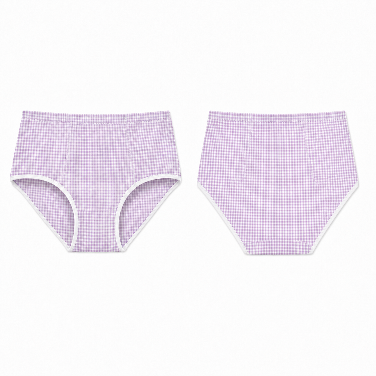 Two pairs of women's high-waisted briefs in a light purple and white gingham check pattern, displayed flat against a white background.