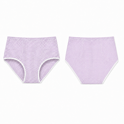Two pairs of women's high-waisted briefs in a light purple and white gingham check pattern, displayed flat against a white background.