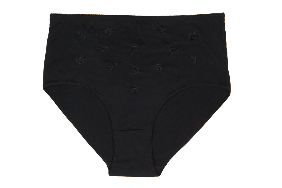 Joseph Rufina women's plus-size full-coverage briefs Black high-waisted briefs with subtle tonal embroidered leaf motifs across the front, displayed flat against a solid white background.