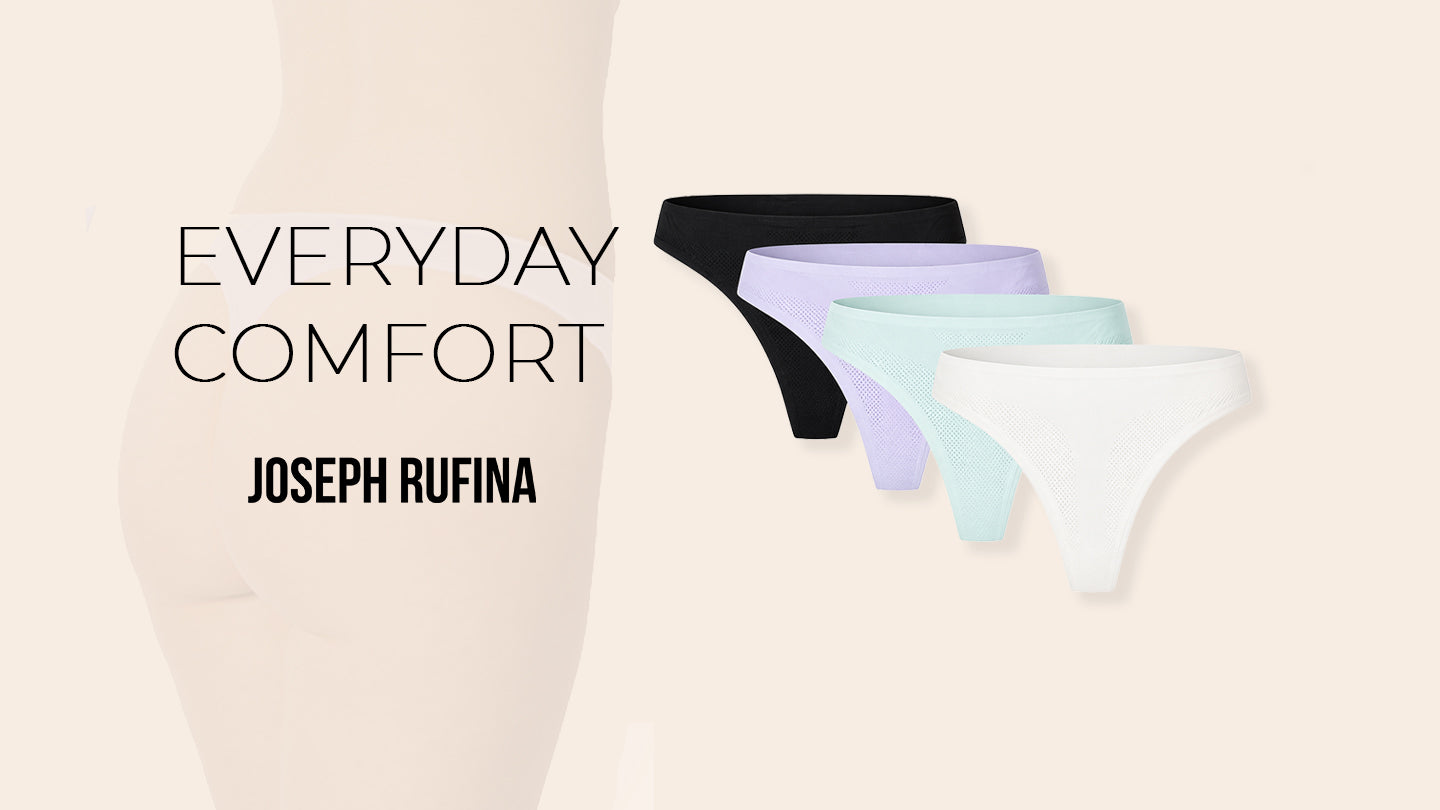 Set of men's underwear with 'Everyday Comfort' text and 'Joseph Rufina' branding on a beige background.