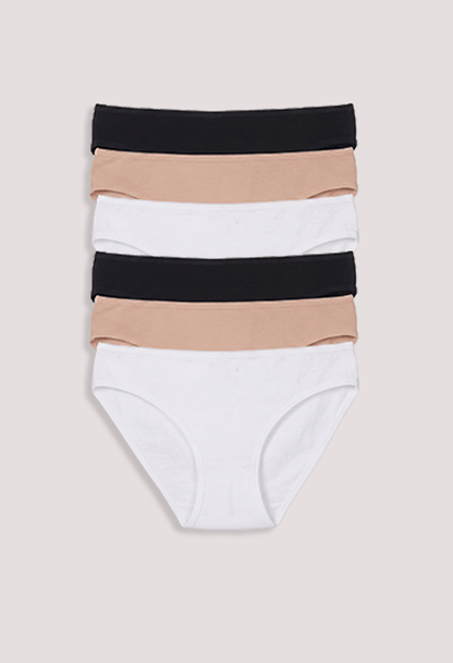 Set of striped underwear with black, beige, and white colors on a light gray background