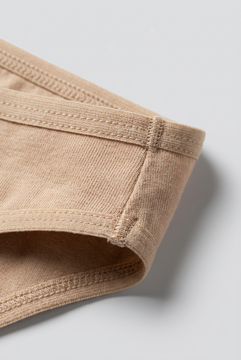 Close-up of beige shorts on a light gray background