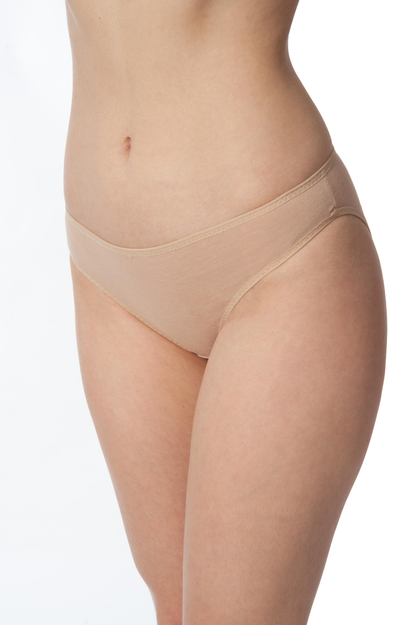 Beige underwear worn by a person on a white background