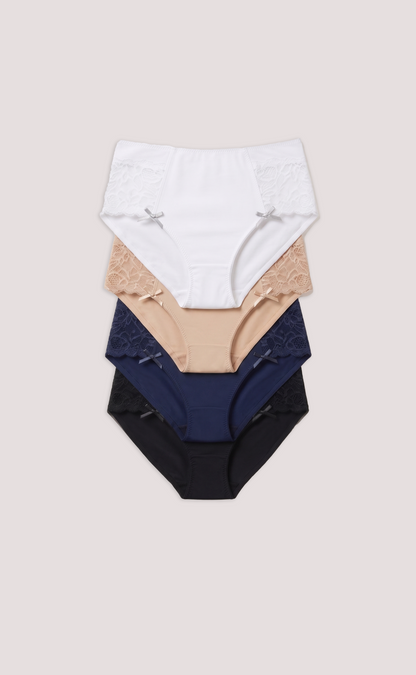 Stacked Microfiber full briefs for women in white, beige, and navy on a light gray background
