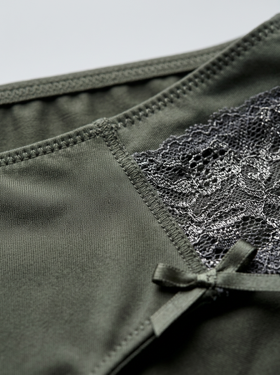 Close-up of green underwear with lace trim on a light gray background