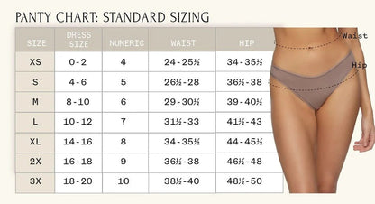 Panty chart with standard and combined sizing for women's underwear.