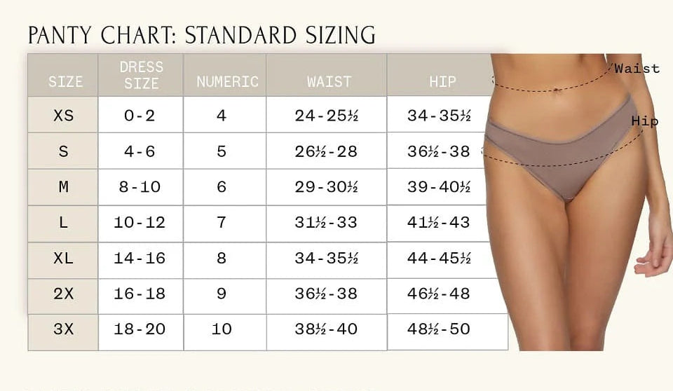 Panty chart with standard and combined sizing for women's underwear.