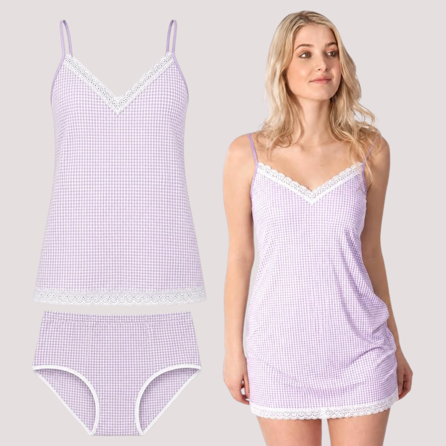 Women’s Cotton Camisole & High Waisted Brief Set - Purple Checkered